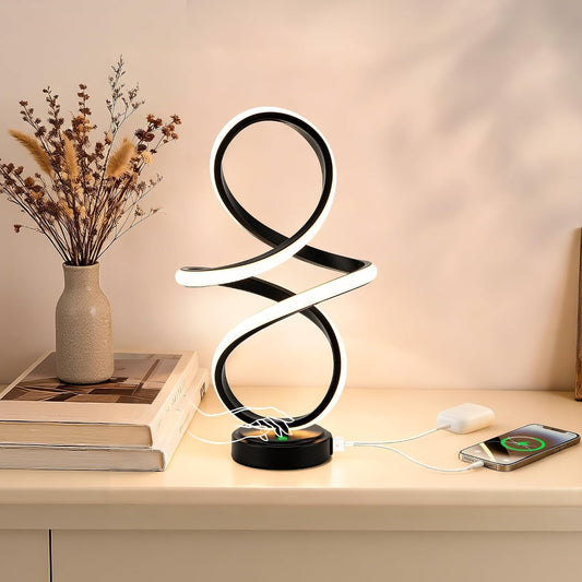 Modern Small Table Lamp with LED Spiral Design, 12W Black Nightstand Lamp