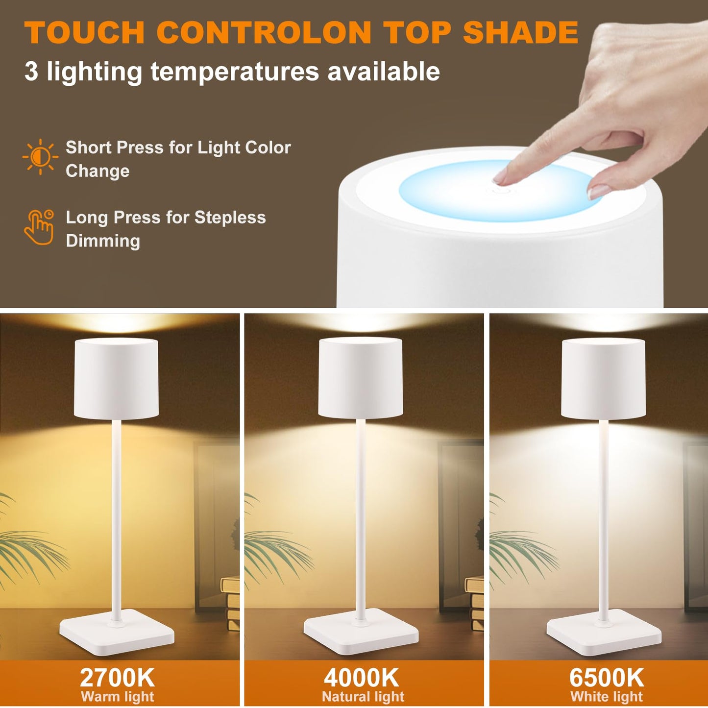 BKZO Cordless Table Lamp Rechargeable, Wireless Charging LED Table Lamp, IP54 Waterproof Aluminum Bedside Light, Touch Control, Suitable for Indoor and Outdoor Use, White