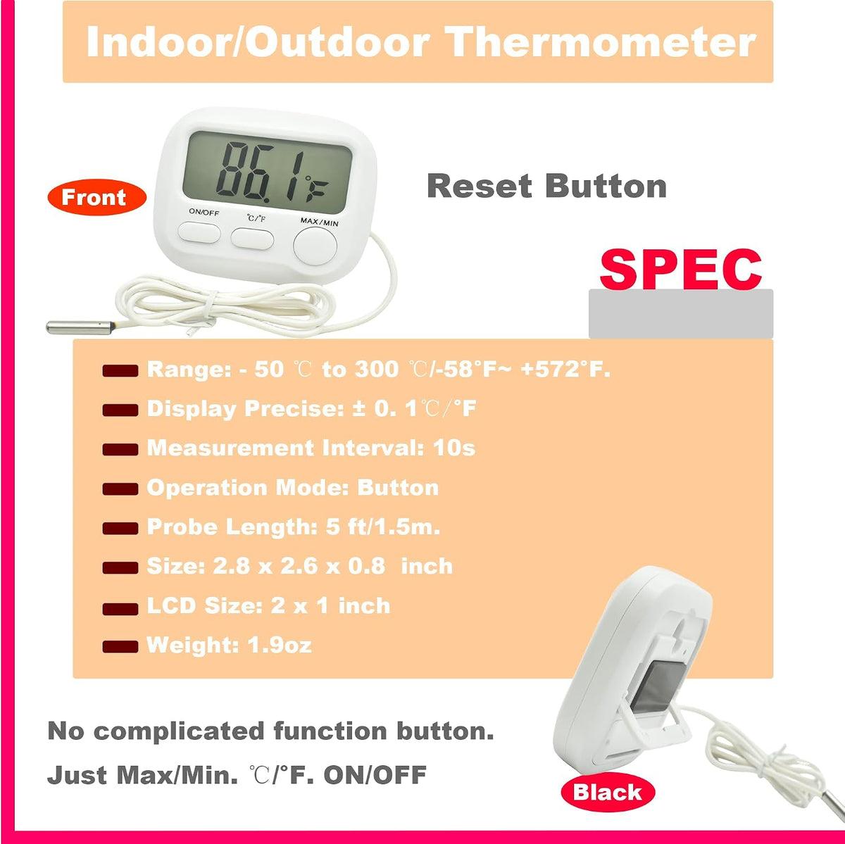 Small Digital Thermometer ON/Off Switch Indoor/Outdoor Meter Gauge with 3ft/1M Probe Sensor