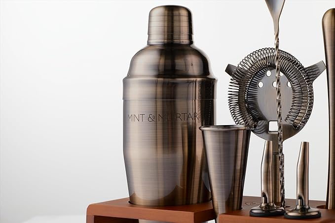 Mint & Mortar Cocktail Shaker Set, 7-Piece Bartender Kit with Stand, 24oz Martini Shaker Bottle Stainless Steel Bar Tools, Home Bar Accessories Drink Mixer, Barware Gift Set - Brushed Gold