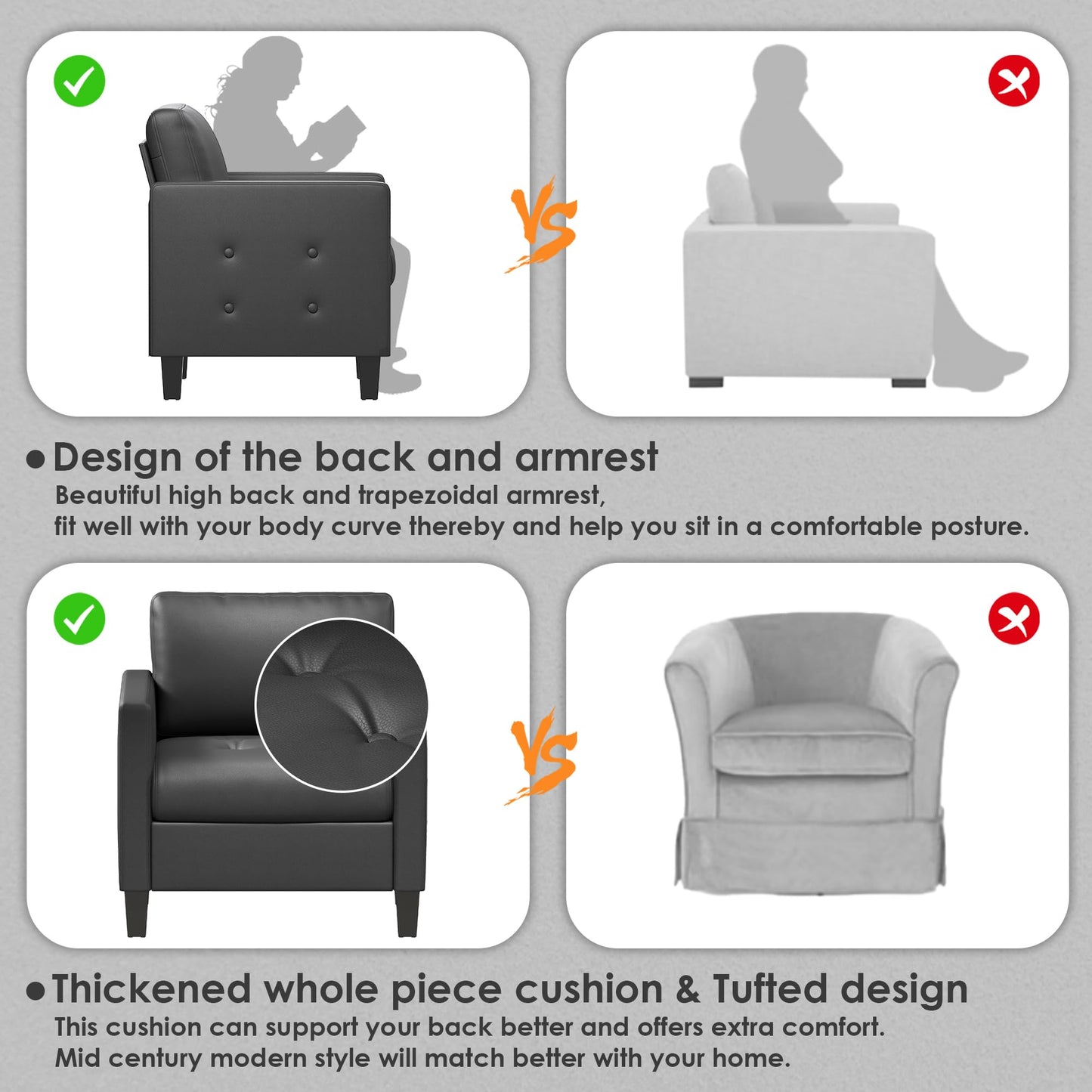 STHOUYN Accent Chairs Set of 2, Black Faux Leather Chair, Mid-Century Modern Living Room Chairs, Cozy Office Reading Chair with Tufted Seat and Armrest, Armchairs for Bedroom, Waiting Room (2)