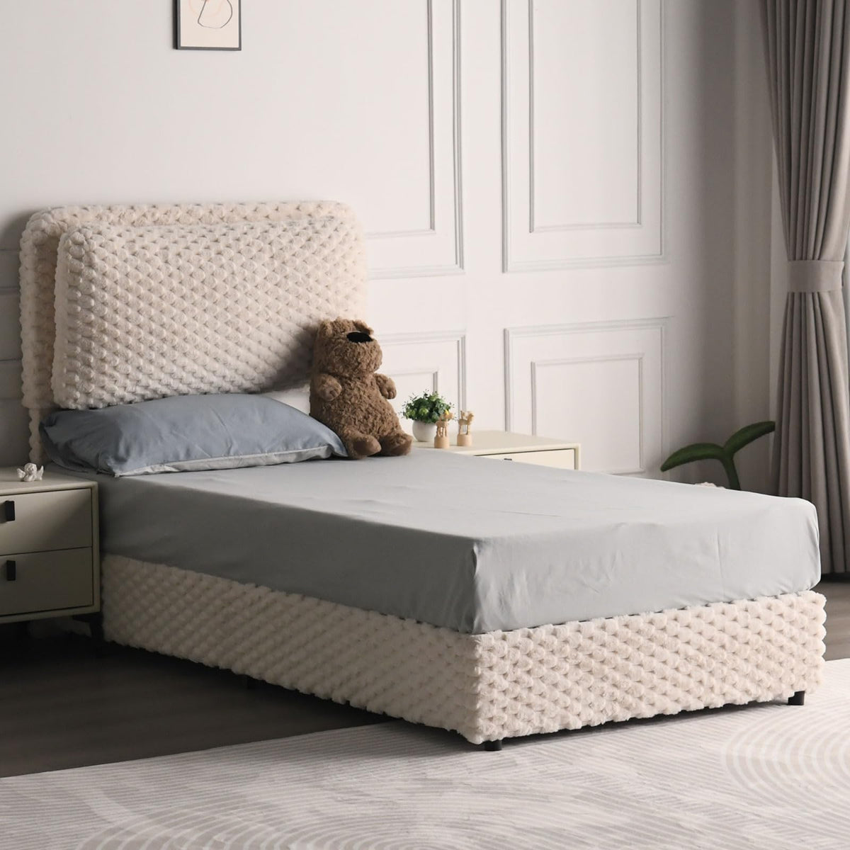 REVOMINCA Twin Bed Frame with Headboard, Twin Size Corduroy Upholstered Platform Bed Frame with Soft Headboard, Wooden Slats Support, No Box Spring Needed, Easy Assembly, Cream