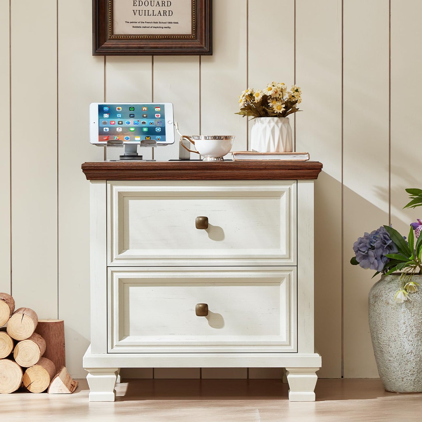 SAVOR LIFE Farmhouse Nightstand Set of 2, Rustic Low Nightstands with 2 Drawers & Charging Station, Vintage Night Stands with 4 Square Solid Wood Legs, Small Dresser for Bedroom, Home, White