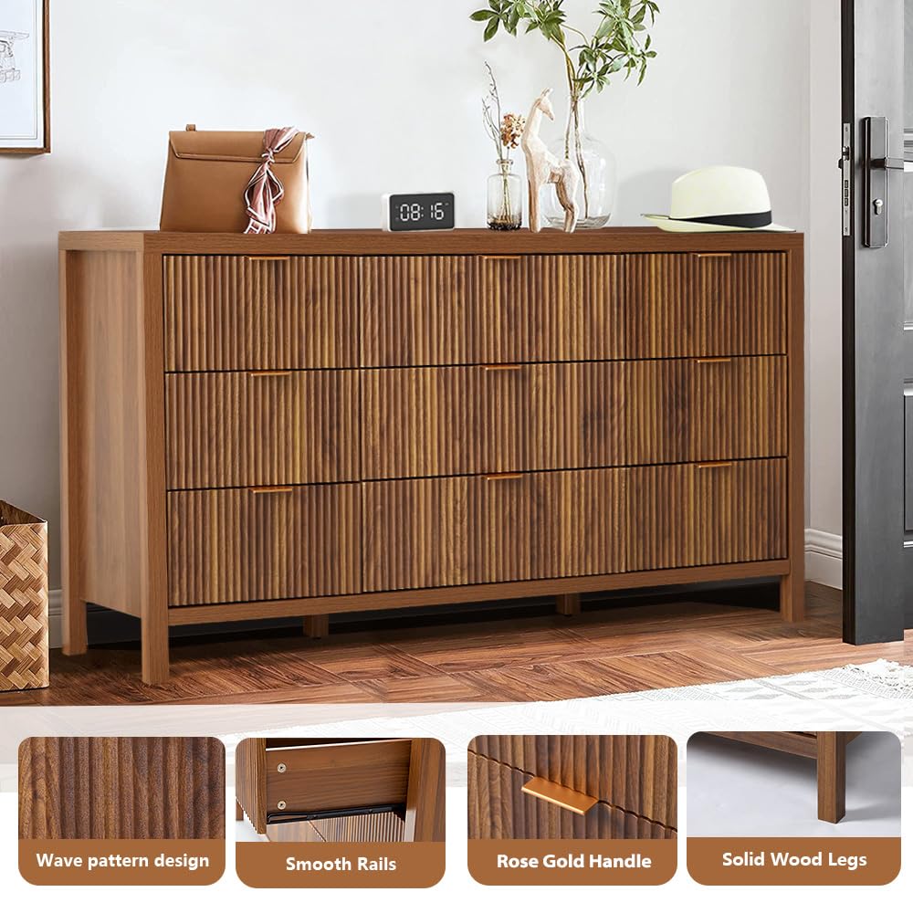 affeivul Mid Century Modern Dresser TV Stand, 9 Drawer Dresser for Bedroom Wood, Farmhouse Boho Storage Cabinet Side Table with Solid Natural Wood Legs, Long Wooden Nightstand for Closet (Walnut)