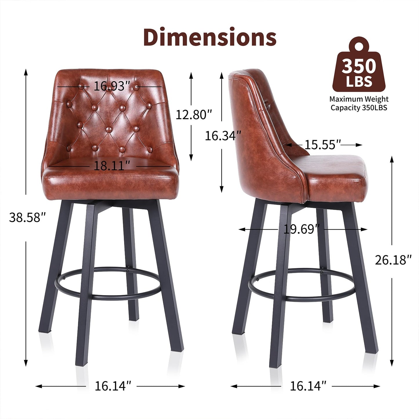 ralex-chair Swivel Counter Height Barstools Set of 4, 26’’H Modern Counter Stools with Metal Legs,Faux Leather Upholstered Bar Stools with Back for Kitchen Island, Dining Room, Pub - Brown