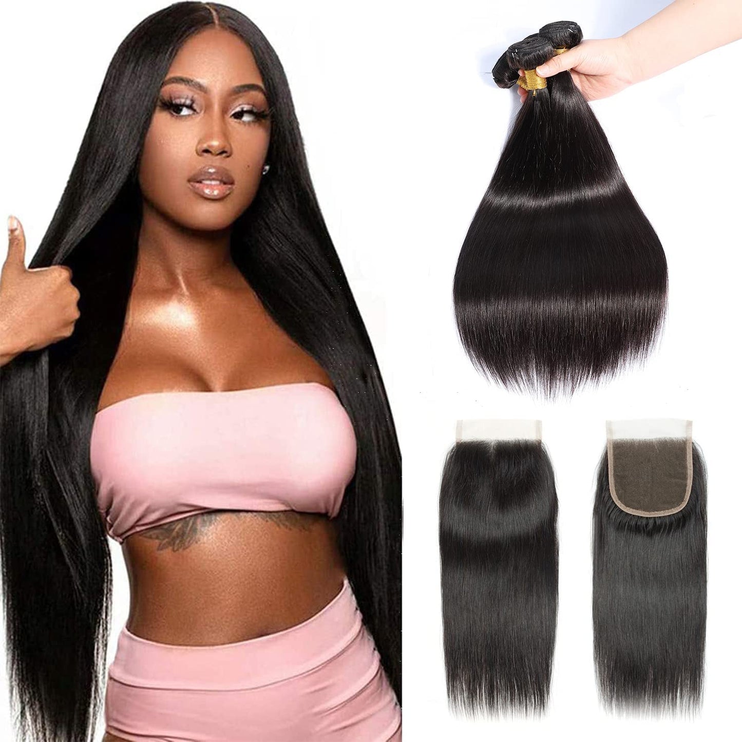 Selina Straight Bundles With Closure,3 Bundles And Closure Human Hair Straight,Free Part Closure,Unprocessed Human Hair Bundles With Lace Closure (16“ 18“20“with 14" Closure, Straight 3+1)