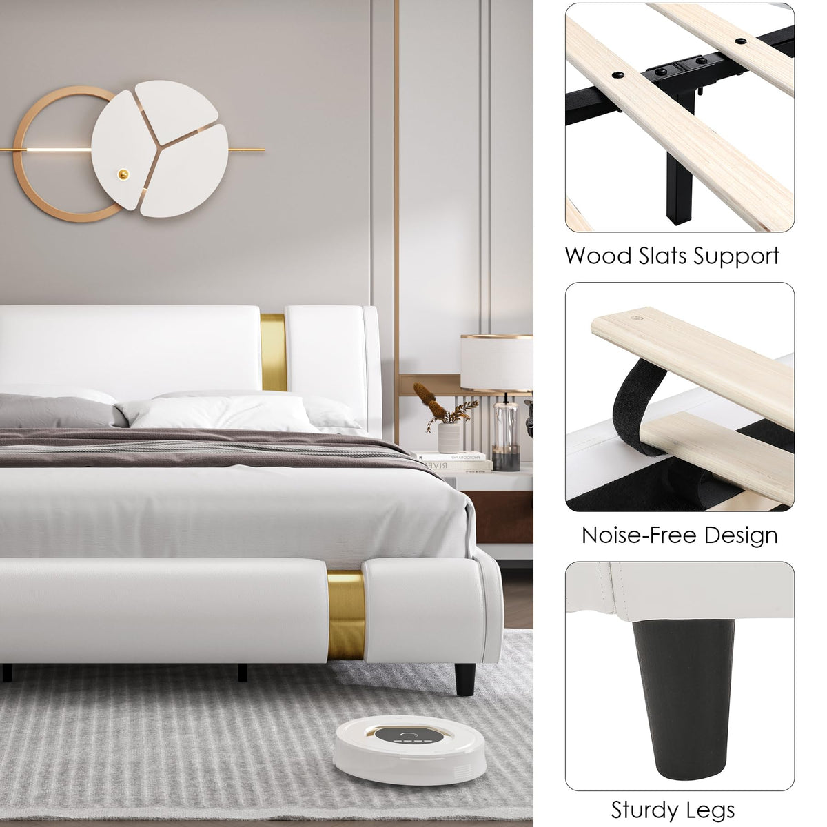 TTVIEW Modern Faux Leather Upholstered Platform Bed Frame with Golden Iron Metal Decor, Adjustable Curved Headboard, Wooden Slats Support, No Box Spring Needed, Queen Size, White