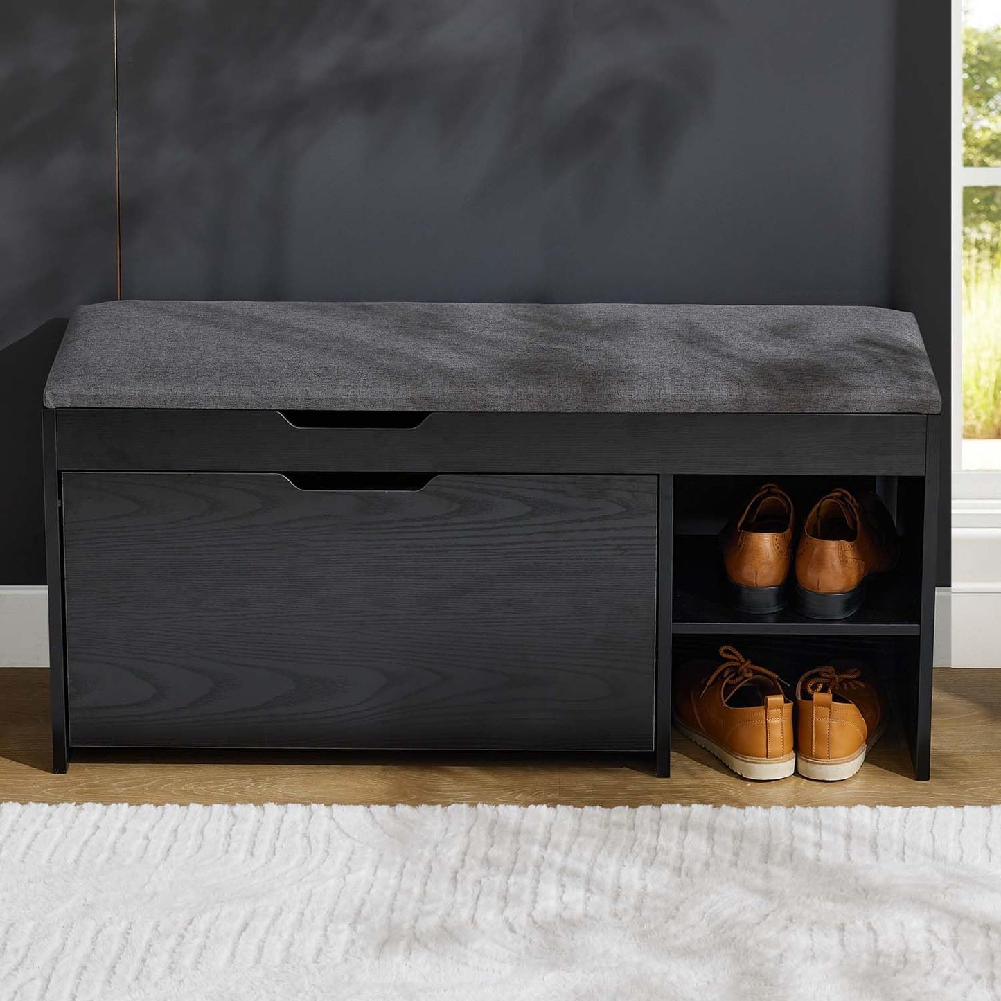 Shoe Storage Bench with Flip Drawers & Lift Top Storage Box, Entryway Bench with Seat Cushion, 3-Tier Short Shoe Cabinet with Adjustable Shelves for Entryway, Hallway, Living Room, Mudroom, Black