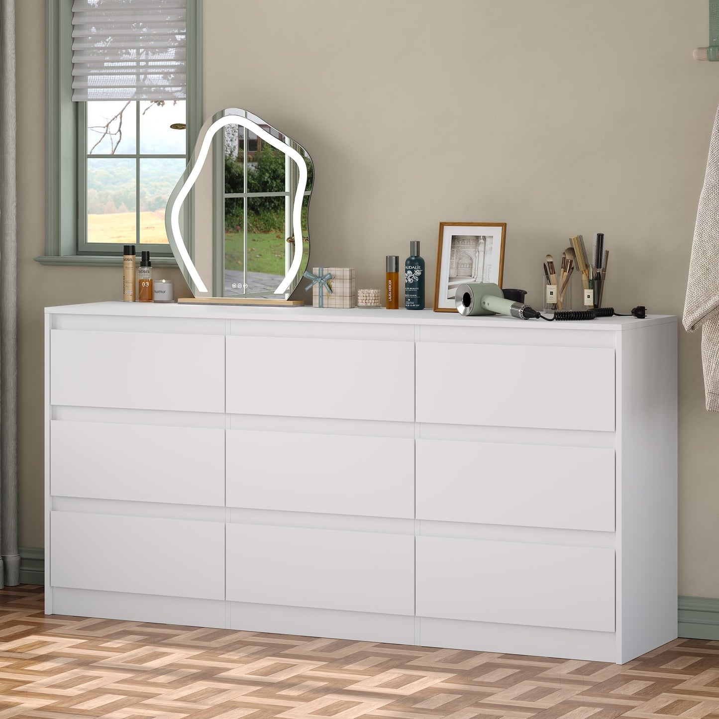 Furniouse Modern 9 Large Storage Drawers Dresser for Clothes Organizer, White Modern Chest of Drawers for Closet,63" Long Drawer Organizer Cabinet for Bedroom,Living Room,Entryway,Hallway