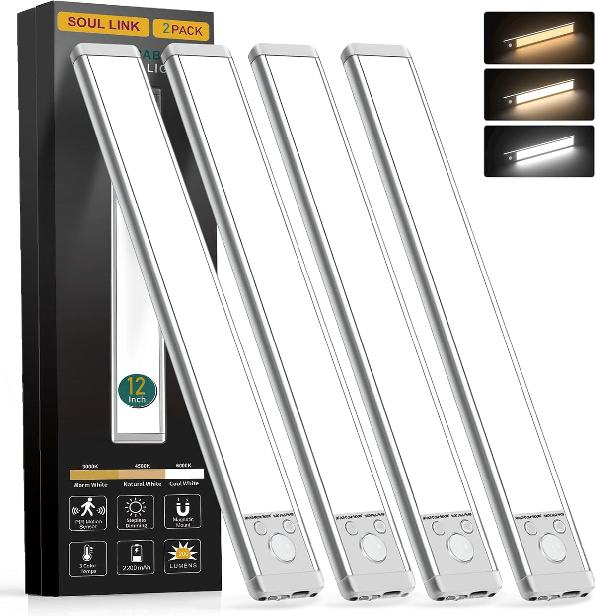 Soul Link 4-Pack 12" 88-LED Motion Sensor Under Cabinet Lights, Wireless