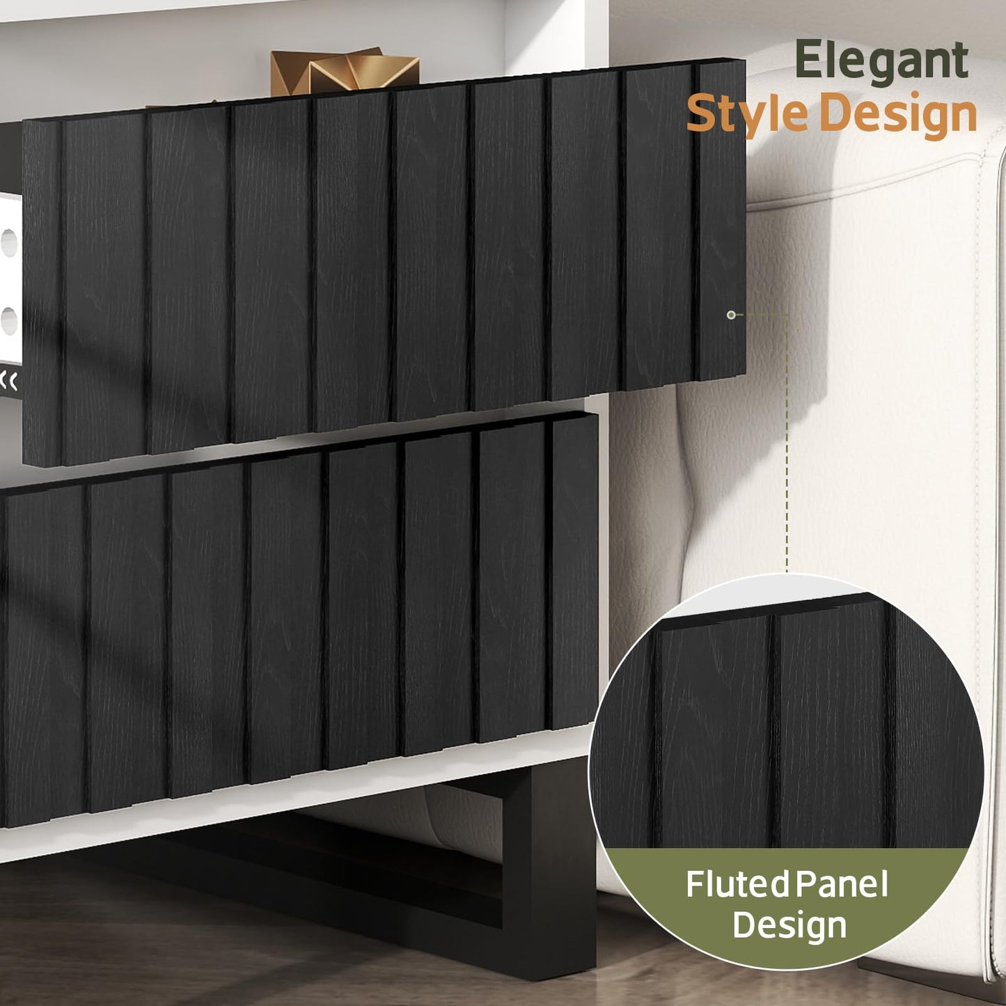 Lamtor Night Stand Set 2, Fluted Nightstand with Charging Station, Side Table with 2 Storage Drawers Cabinet, Wood Nightstand for Bedroom, Living Room, Black and White