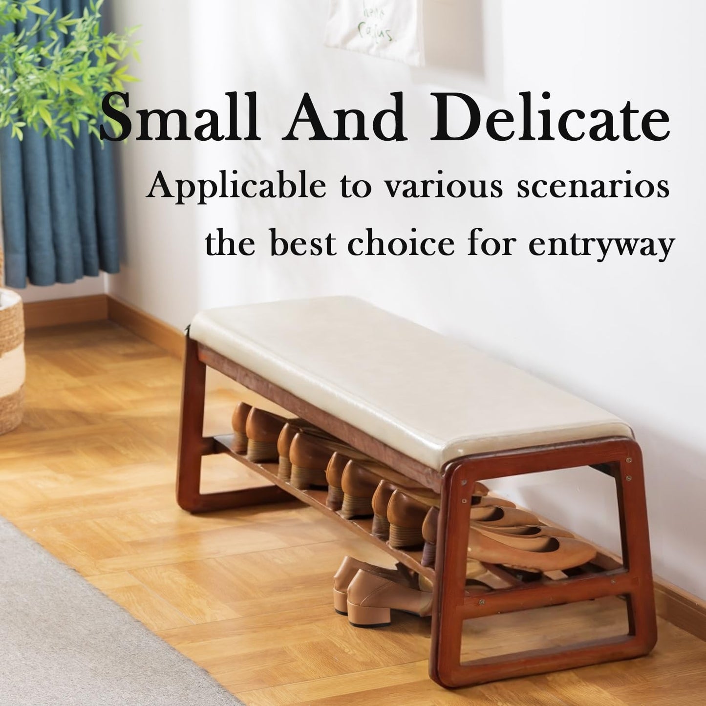 latifolia Shoe Bench, Solid Wood Bench with Cushion, 2 Tier Shoe Organizer for Entryway, Hallway, Living Room(Beige,39.70''L)