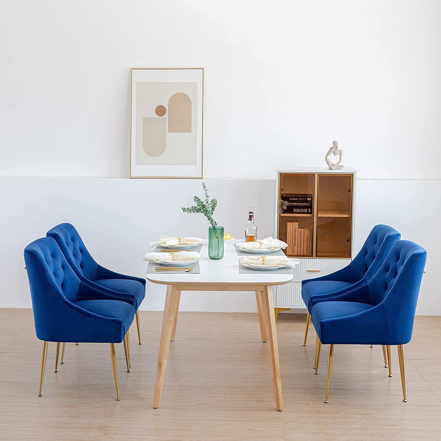 LONXIU Modern Dining Chair Set of 4, Mid-Century Room Chair, Upholstered Comfortable Velvet with Back Pull Rod and Metal Legs for Kitchen, Dining, Living (Blue) (DYXSD)