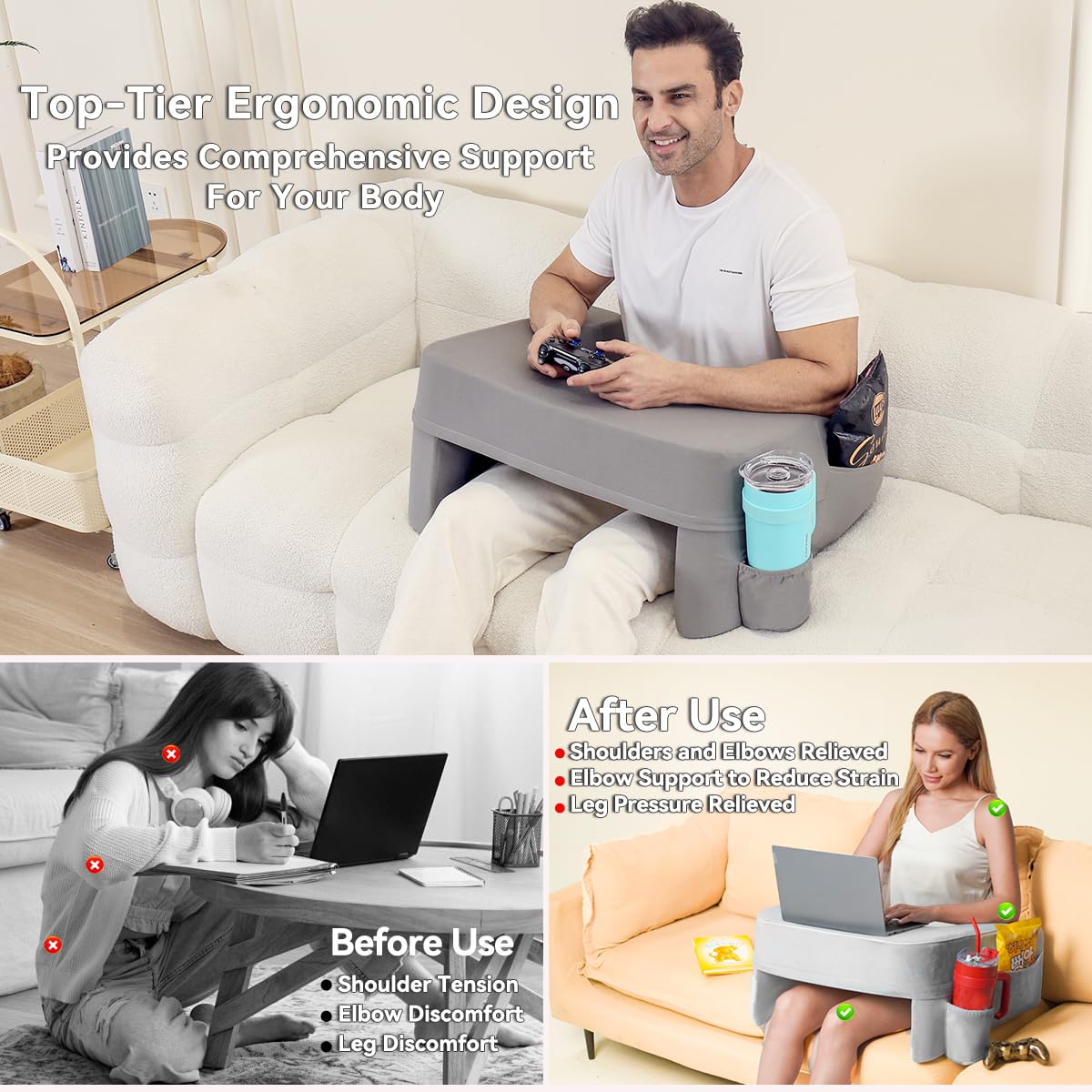 septsun Reading Pillow for Gaming,Soft Lap Desk Pillow for Laptop,Ultimate Lap Pillow with Cup Holder Pocket,Comfort Laptop Lap Desk for Bed Couch Car (Gray, Large)