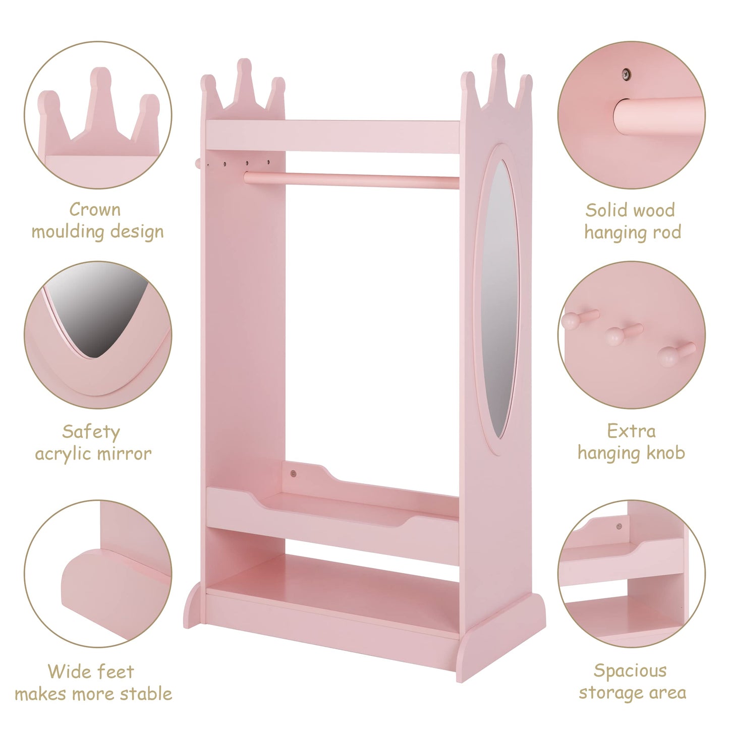 UTEX Kids Dress up Storage with Mirror,Costume Wardrobe for Kids, Open Hanging Armoire Closet,Pretend Storage Closet, Costume Storage Dresser (Pink)