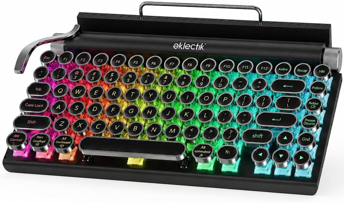 Retro Typewriter, Wireless Mechanical Keyboard with Blue Switches & Backlit