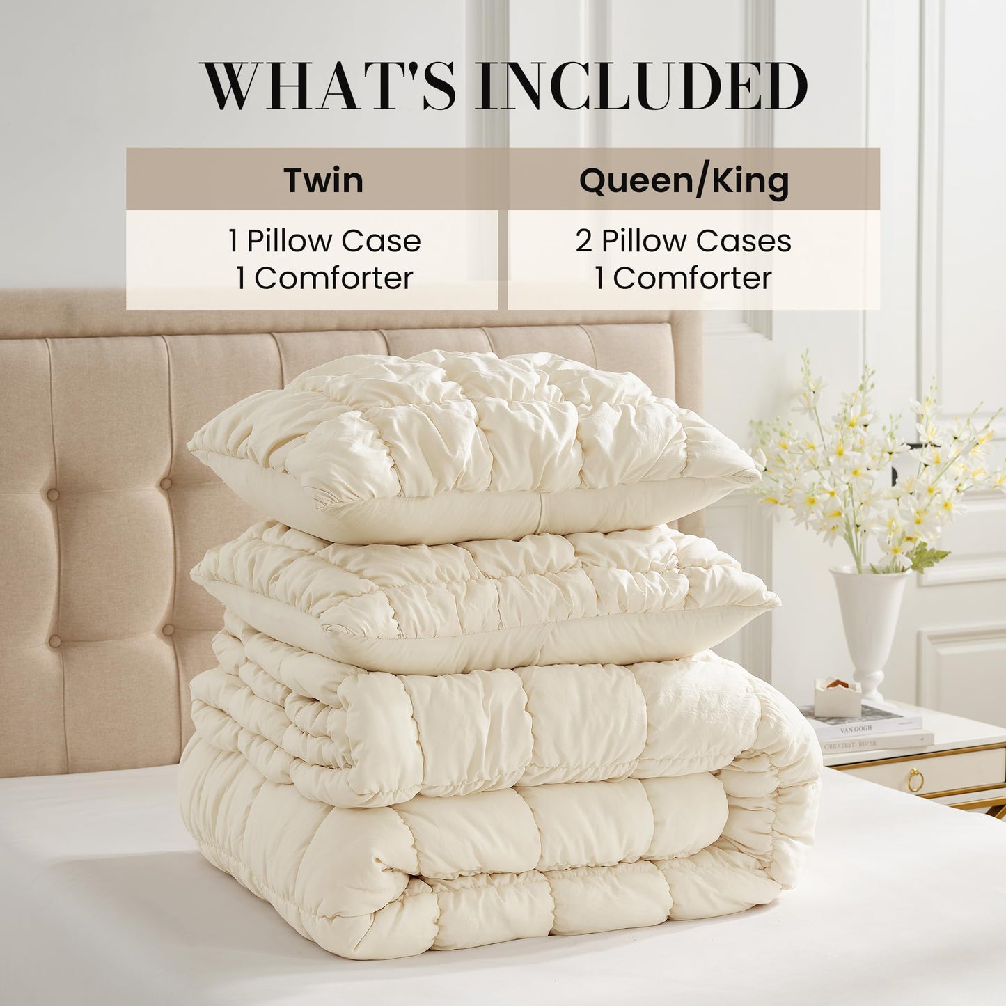 Amélie Home Beige Comforter Set King, Bubble Lightweight Bed Set King Size for All Seasons, 3 Pieces, Bedding Set with Comforters and Pillow Cases
