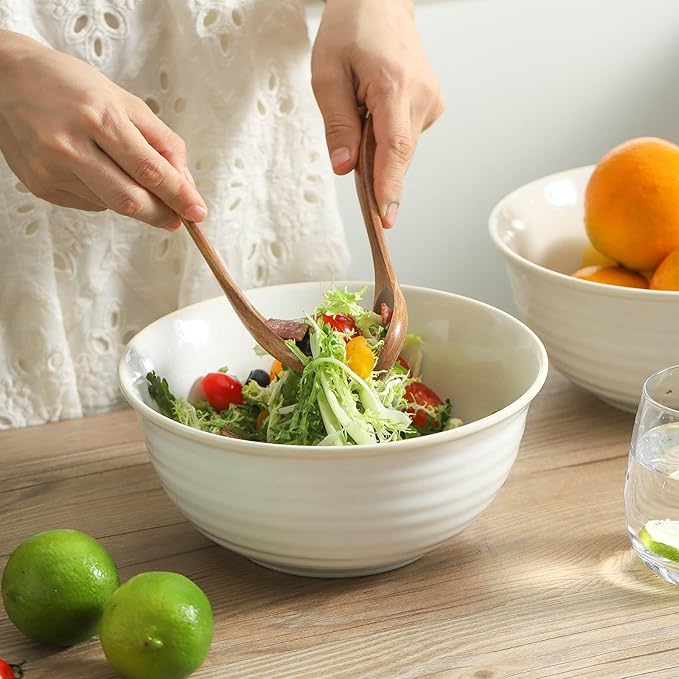 HASENSE Ceramic Serving Bowls, 8.3 Inch Large Soup Bowls for Kitchen, 60 Ounces Salad Bowls for Fruit, Ramen, Pasta, Pho, Microwave Dishwasher Safe, Set of 2, Clay-Infused White