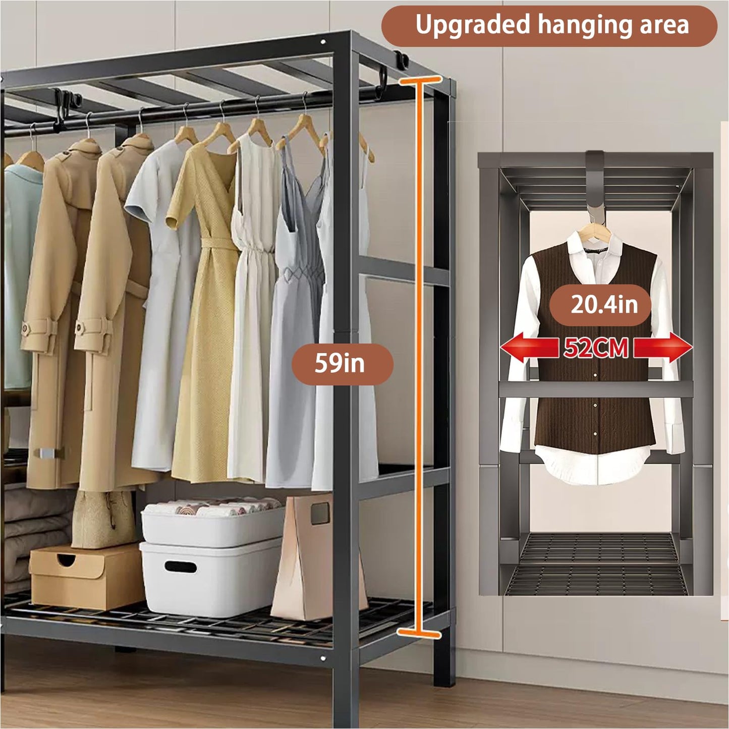Dawselod Foldable Clothe Rack with Cover Heavy-Duty Portable Wardrobe Closet for Bedroom Armoires Freestanding Clothing Coat Storage Rack Garment Rack for Hanging Clothes (125cm/49.2in(Full Hanging))
