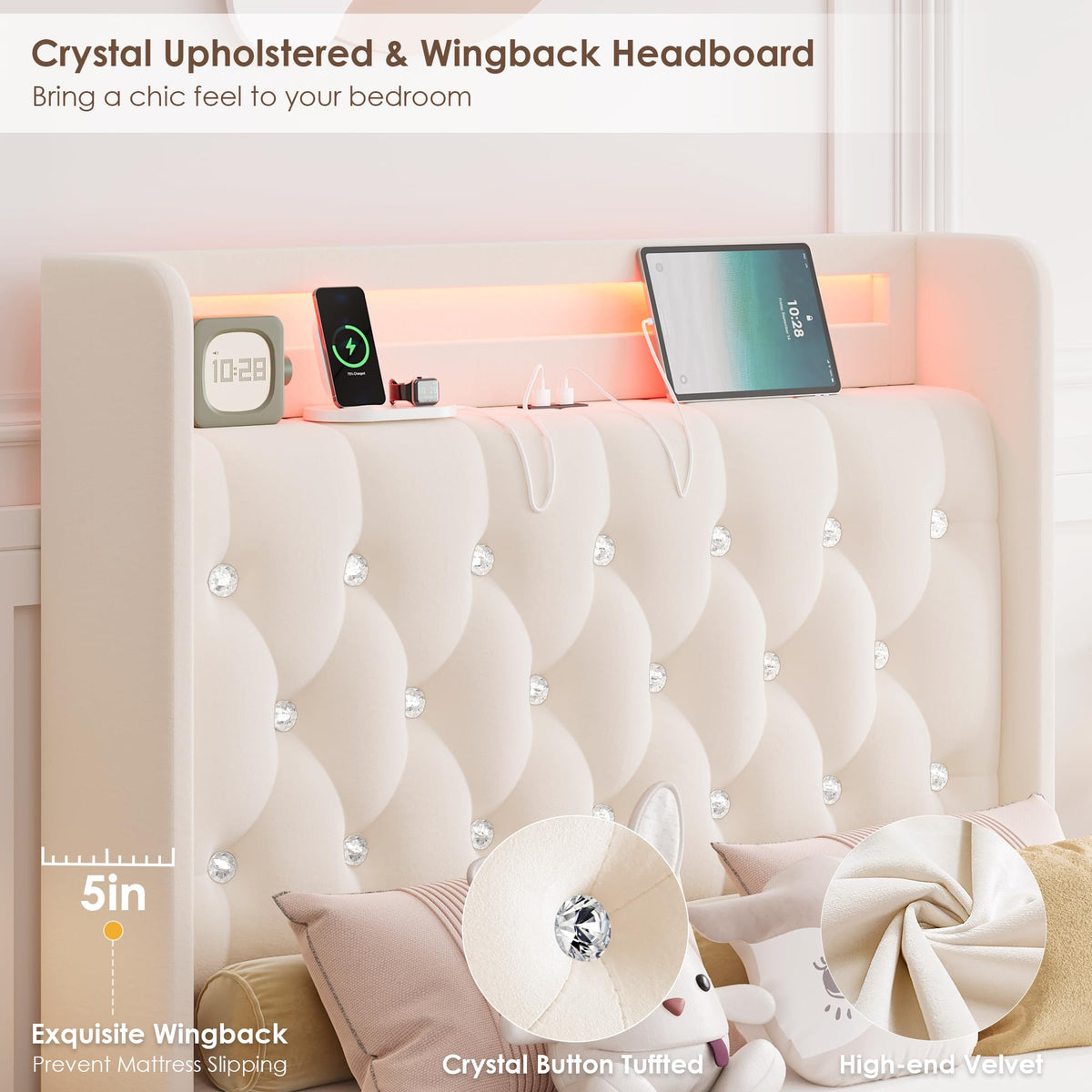 HIFIT Full LED Bed Frame with Charging Station and 4 Storage Drawers, Velvet Upholstered Platform Bed with Handcrafted Crystal Button Wingback Headboard, Metal Frame with No Box Spring Needed, Beige