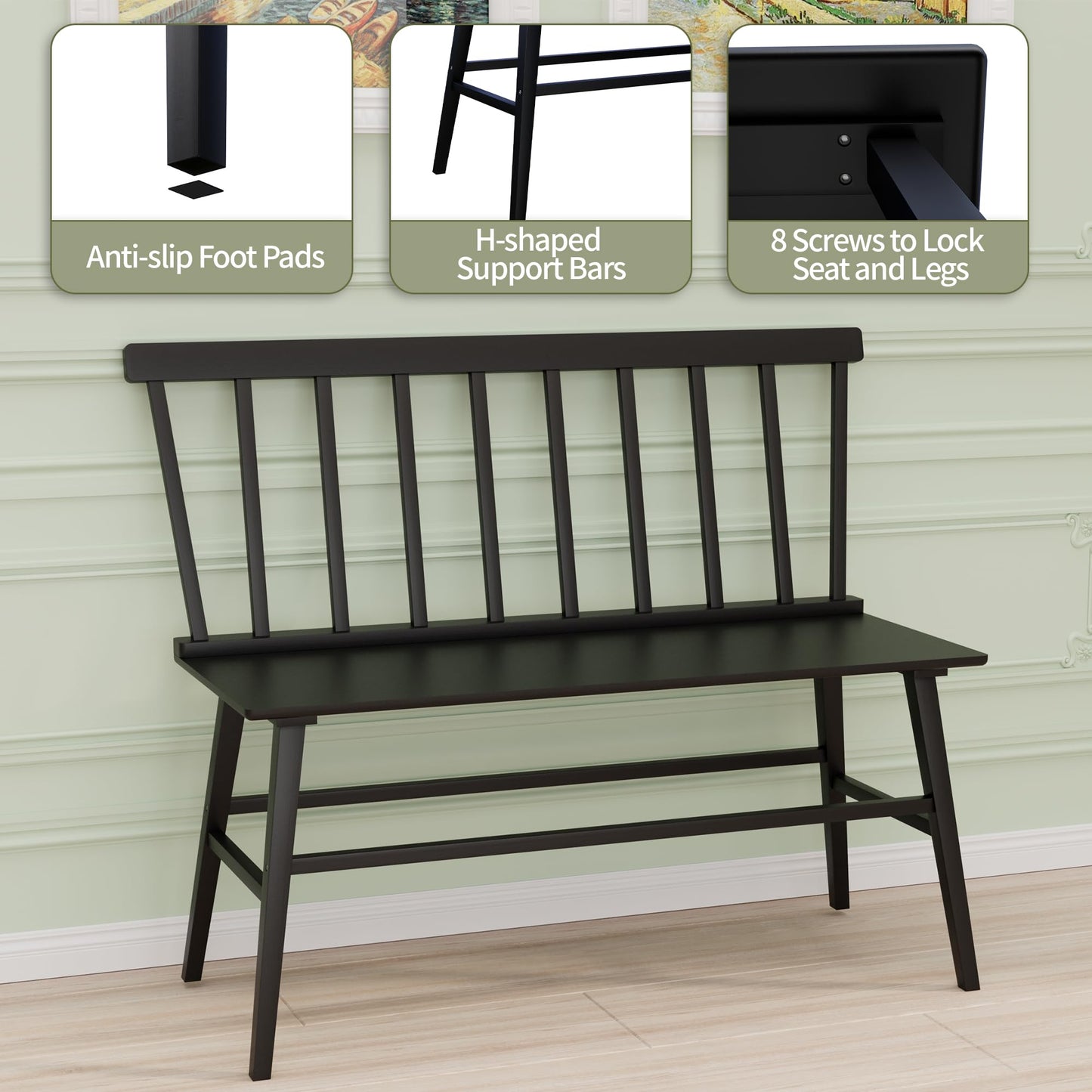APRTAT Bamboo Entryway Bench, Farmhouse Dining Bench with Spindle Back 3 Person Indoor Bench Chair Wood Windsor Bench Durable Easy Assembly for Foyer Balcony Hallway Living Room (Black)