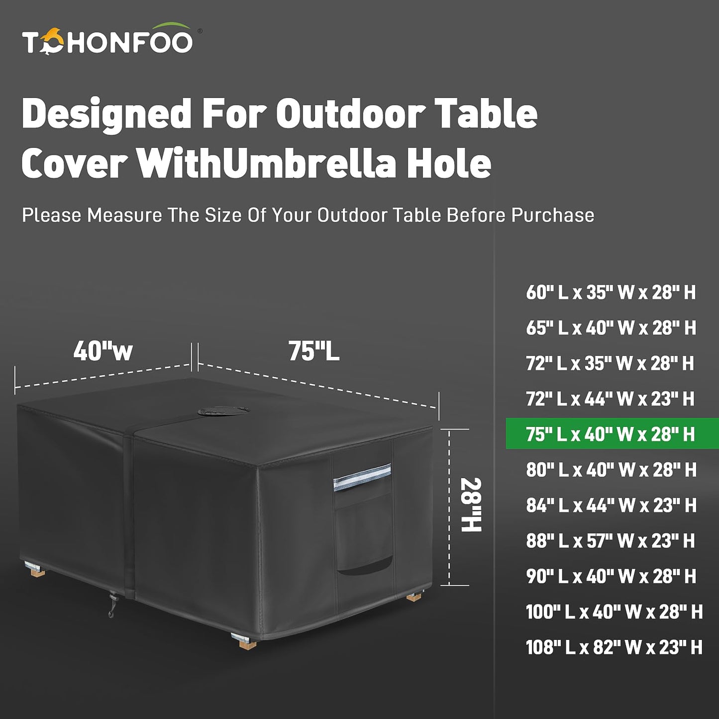 Rectangle Patio Table Cover with Umbrella Hole - 75" L x 40" W x 28" H (Cover Size，NOT Table Size) Heavy Duty Waterproof 600D Oxford Fabric Outdoor Lawn Patio Furniture Covers