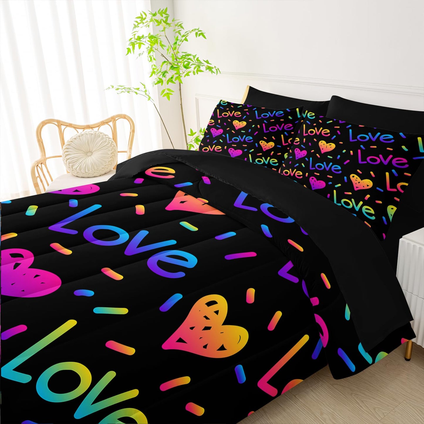 QOOMO Kid Twin Comforter Set 7 Piece Colorful Love line Bedding Set for Boys Girls Super Soft Microfiber Bed in a Bag with Comforter Sheets Pillowcase Sham（Black）