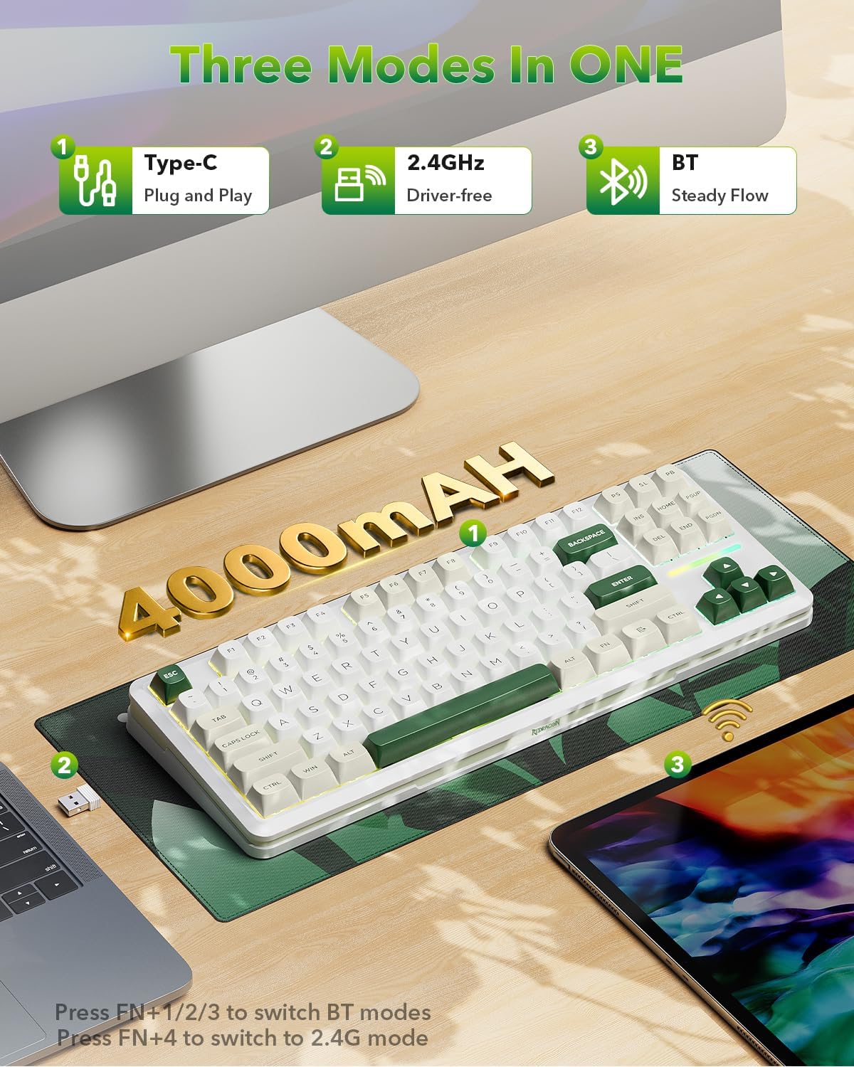 Redragon K734W 75% Wireless Mechanical Keyboard RGB - White & Green