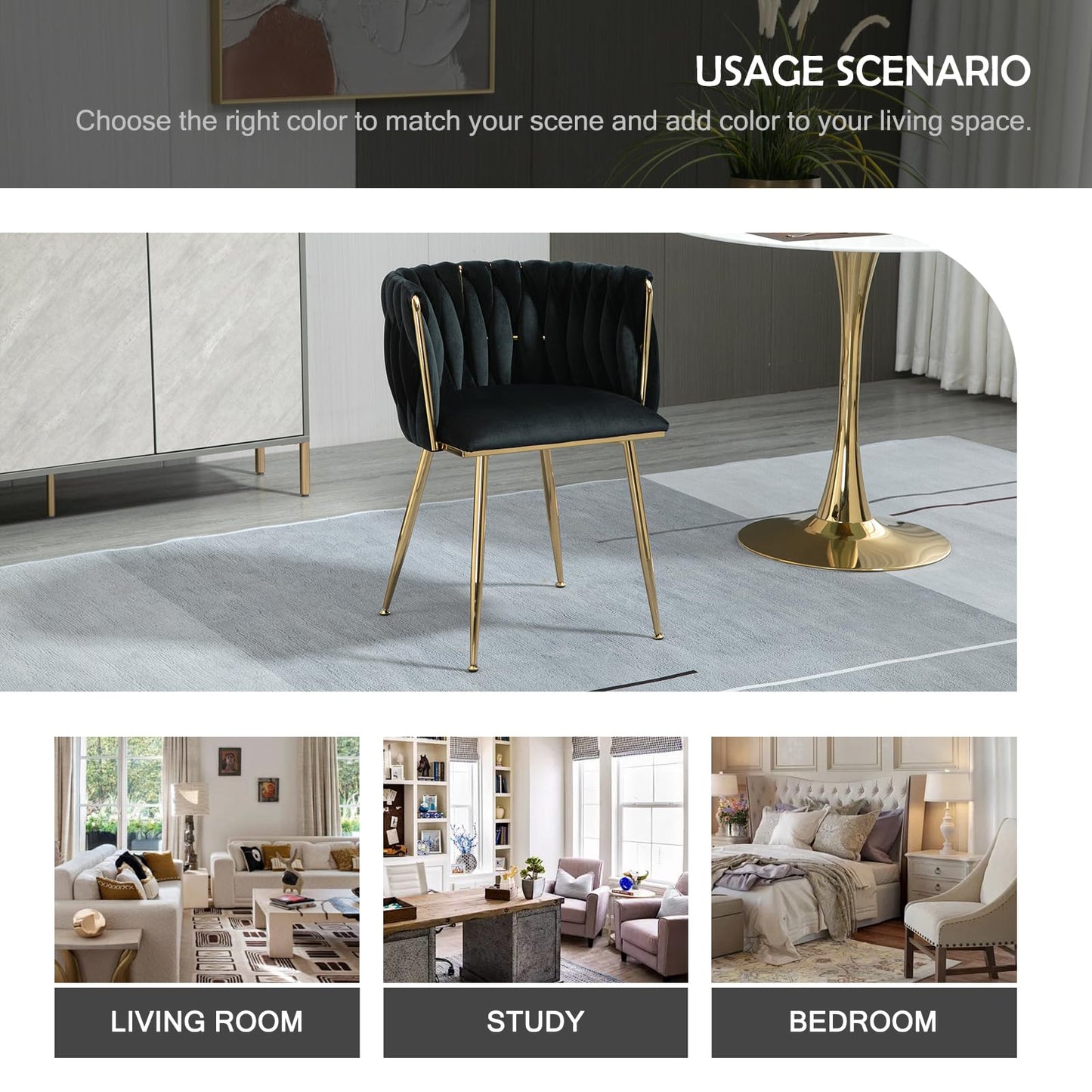 ECHINGLE Velvet Dining Chairs Set of 4, Modern Upholstered Woven Dining Chairs with Gold Metal Legs, Modern Accent Chairs for Dining Room, Vanity, Kitchen, Living Room(Black)