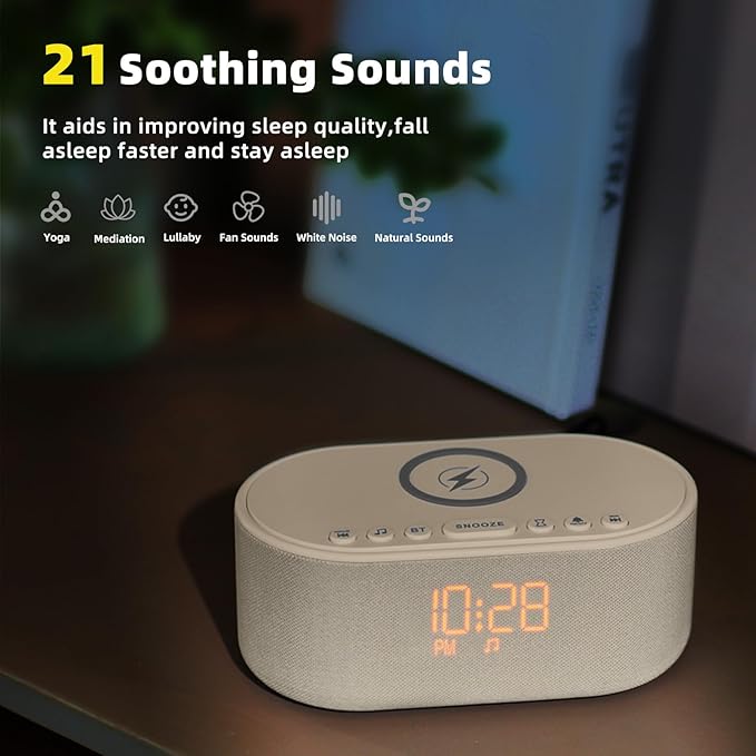 Sound Machine Alarm Clock for Bedrooms: Bluetooth 10W Stereo Speaker with Wireless Charging - White Noise Machine for Sleeping with 21 Soothing Sounds - Putty