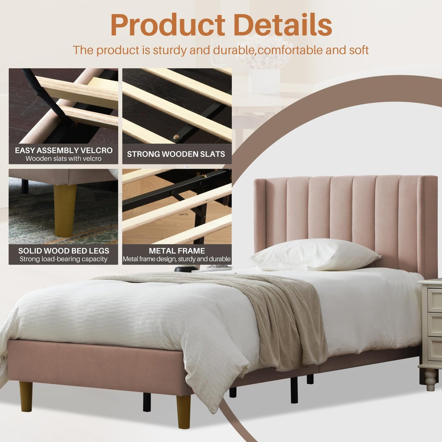 YUHUASHI Twin Size Bed Frame, Upholstered Bed Frame with Modern Geometric Wingback Headboard, Linen Fabric, Platform Bed Frame with Wooden Slats, Easy to Assemble and Noiseless (Beige, Twin)