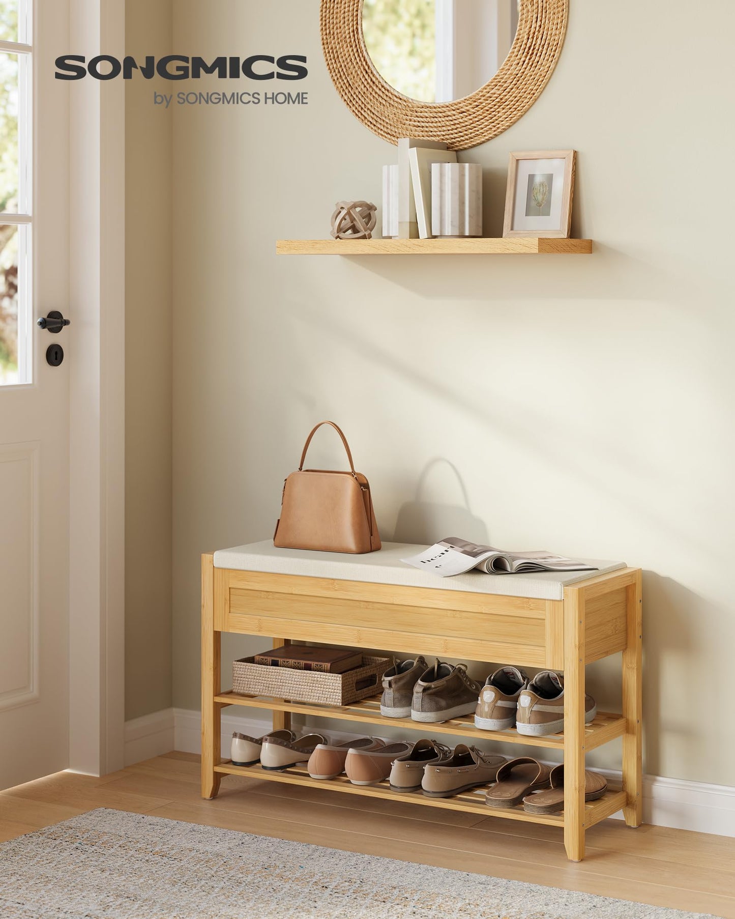 SONGMICS Storage Bench, Bamboo Shoe Rack, Entryway Furniture, 31.5 Inches Wide, Hidden Storage Compartments, 2-Tier Shoe Shelves, for Entryway, Living Room, Bedroom, Dorm, Natural Beige ULSB056N01