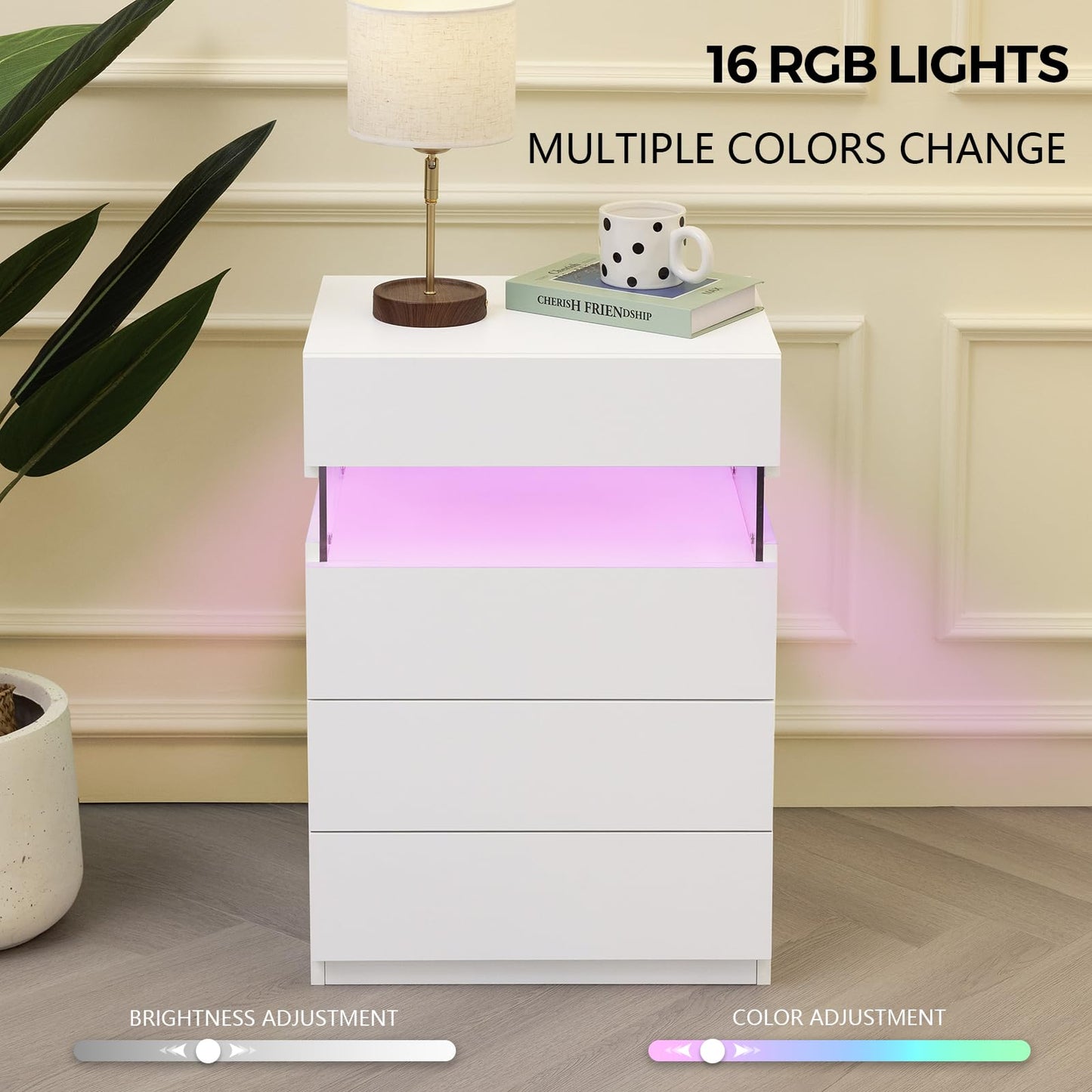Bingoday White Nightstand Set of 2 LED Nightstands Set of 2 Night Stand Set 2 with 4 Drawers Modern Bedside Tables for Bedroom, Living Room (White)