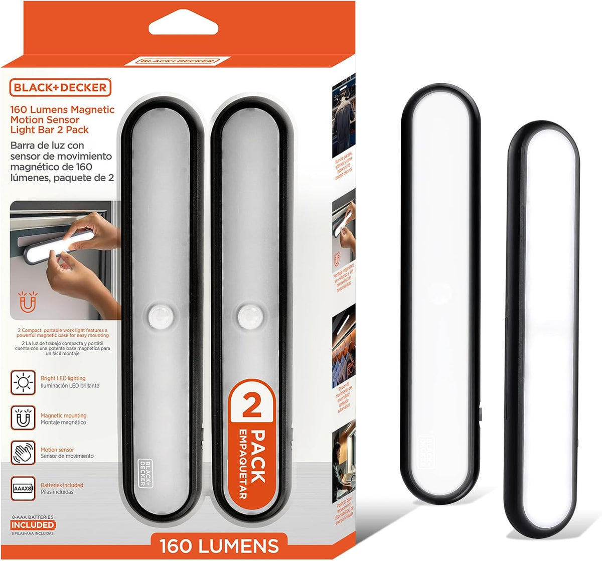 BLACK+DECKER 2-Pack LED Light Bars, 160LM Touchless Motion Sensor Lights, Magnetic Mount LED Strip Lights, Battery Powered Slim Portable Lights for Closet, Garage, Shelf, Indoor