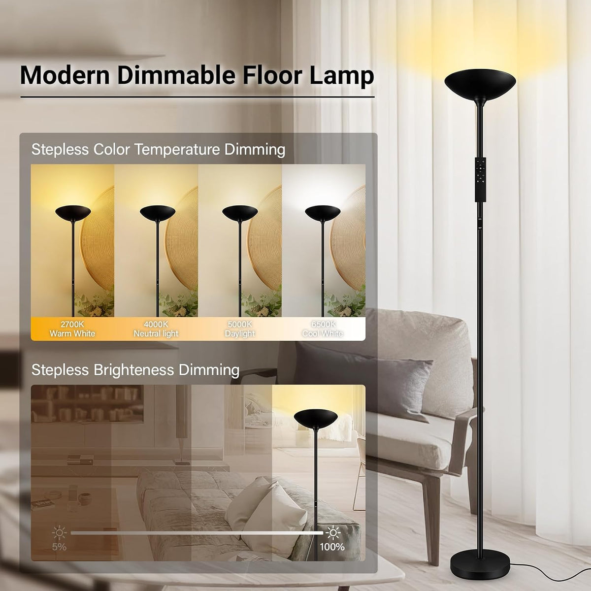 Dimmable Floor Lamp, Black, 30W 3000LM LED Torchiere Standing Lamp