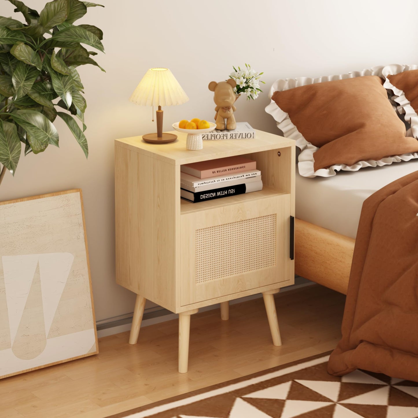 SweetGO corporation Rattan Nightstand, Side Table with Door Open Shelf, Accent Bedside End Table with Solid Wood Legs for Bedroom, Dorm and Small Spaces