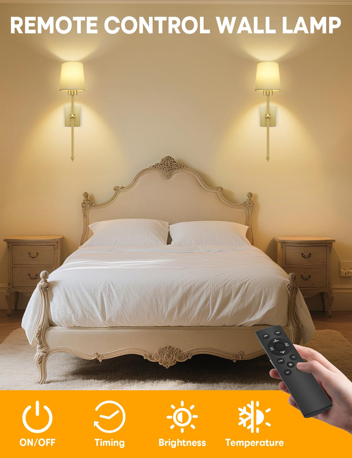 Battery Operated Wall Sconce Set of 2 - Gold Rechargeable 8000mAh Dimmable LED Wall Lights with Remote & Timer, Wireless Wall Lamps for Bedroom, Hallway, Living Room Decor
