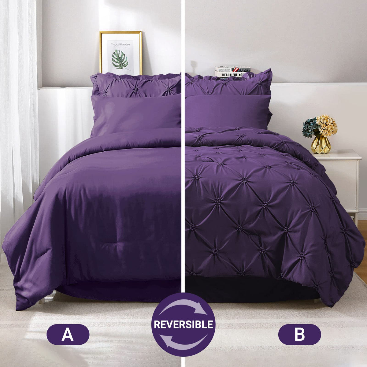 JOLLYVOGUE Purple Twin Size Comforter Sets 5 Pieces, Pintuck Bed in a Bag Comforter Set for Bedroom, Bedding Comforter Sets with Comforter, Sheets,Ruffled Shams & Pillowcases