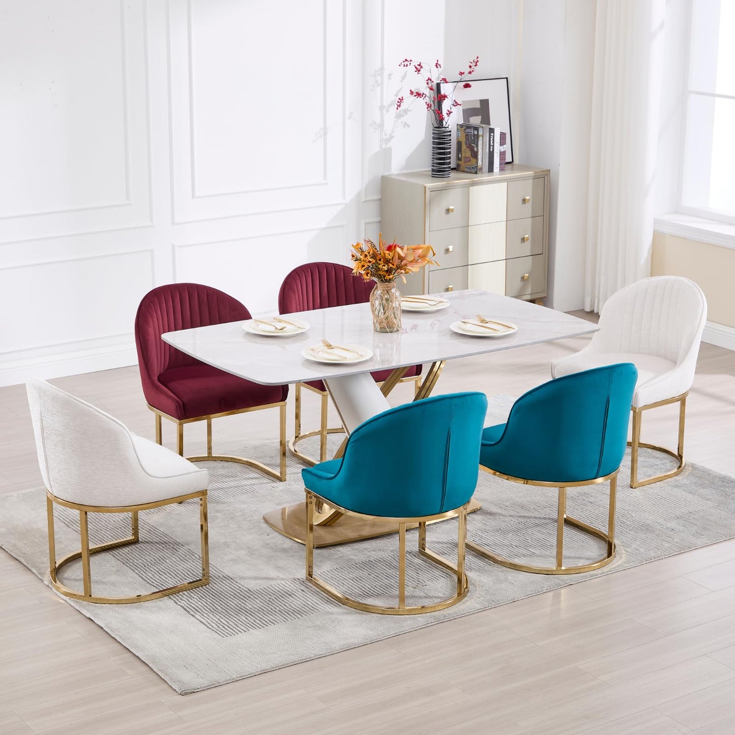 ChicAura Velvet Dining Chairs Set of 4, Modern Barrel Dinning Room Chairs with Golden Frame Upholstered Kitchen Chair Armless Accent Side Chair for Living Room/Kitchen/Dining Room/Hotel, Red