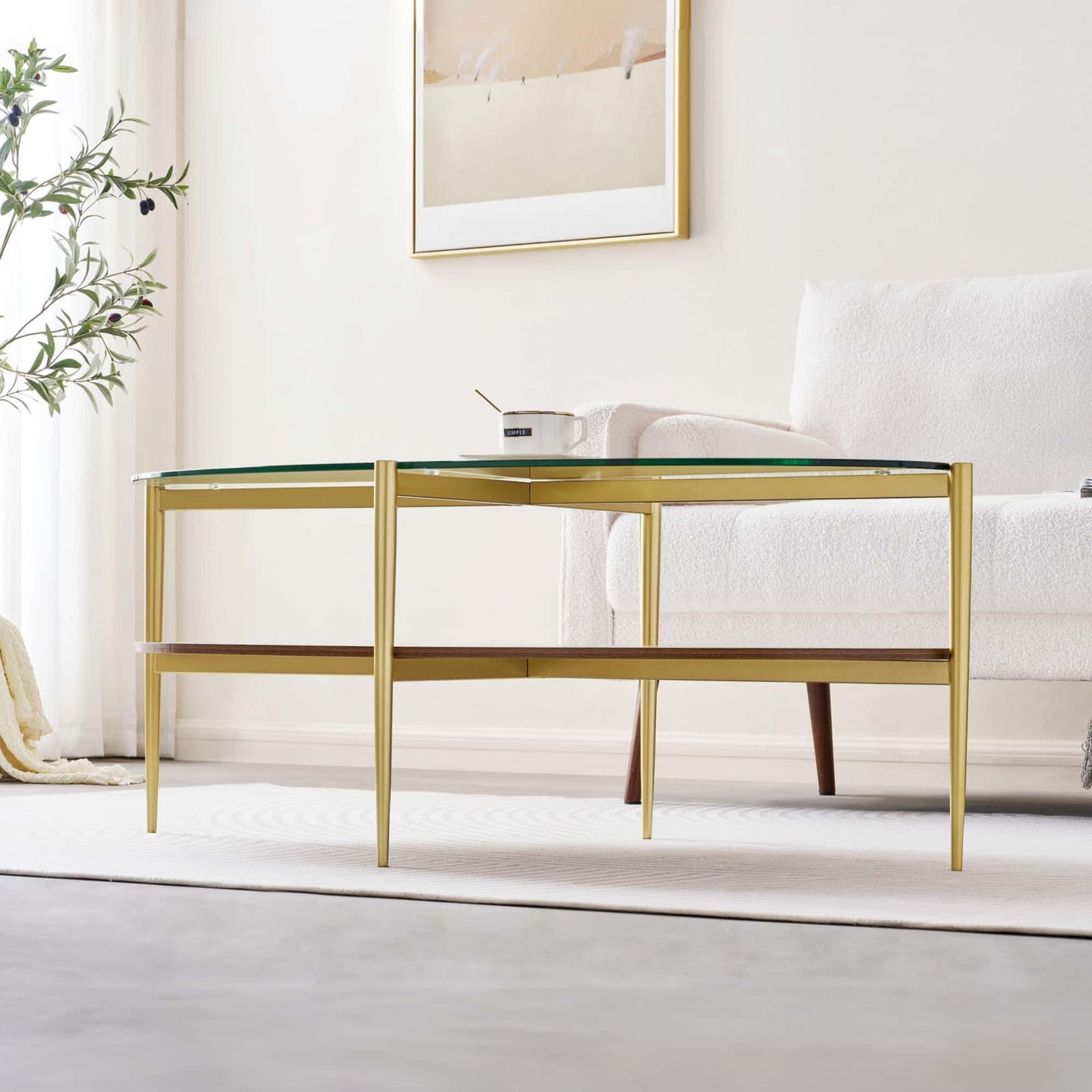 LumFurn Oval Glass Coffee Table, Mid-Century Modern Design, L43 x W22 x H17 inch, 2-Tier Structure, Olive Shaped Clear Glass Top and Walnut Finish Wood Shelf, Tapered Legs with Gold Finish Frame