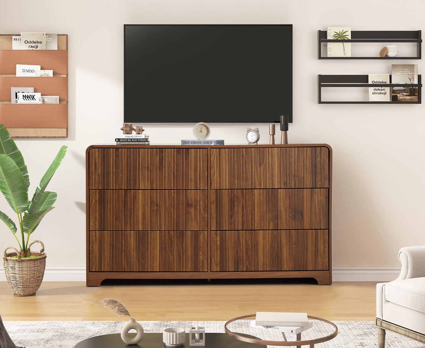 Fluted 6 Drawers Dresser for Bedroom, 53" Wide Mid Century Modern Chest of Drawers with Curved Profile Design, Large Wood Double Dresser for Living Room (Walnut)