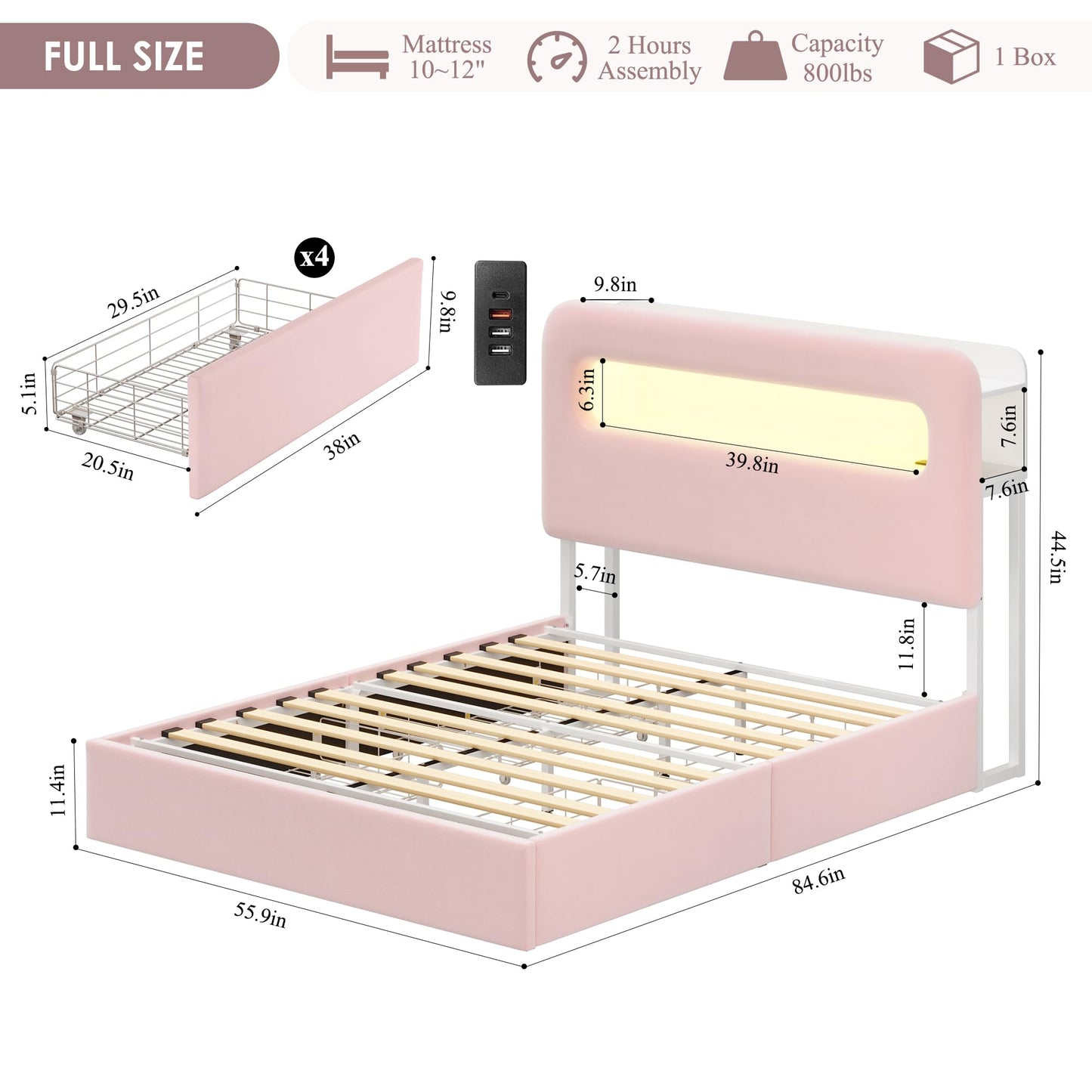 HOSTACK Full LED Bed Frame with Storage Headboard and Charging Station, Girls Bed Frame with 4 Drawers and USB Ports, Velvet Upholstered Platform Bed Frame with Bookcase, No Box Spring Needed, Pink