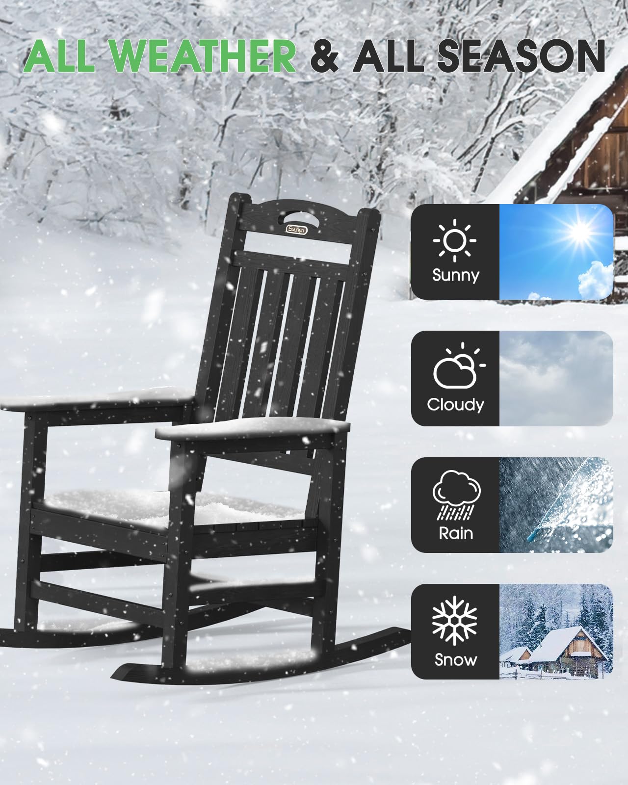 SUUNYN Oversized Outdoor Rocking Chair, High Back Porch Rocker Chair, HDPE All Weather Resistant Rocking Chairs for Patio, 380lbs Weight Capacity, Black