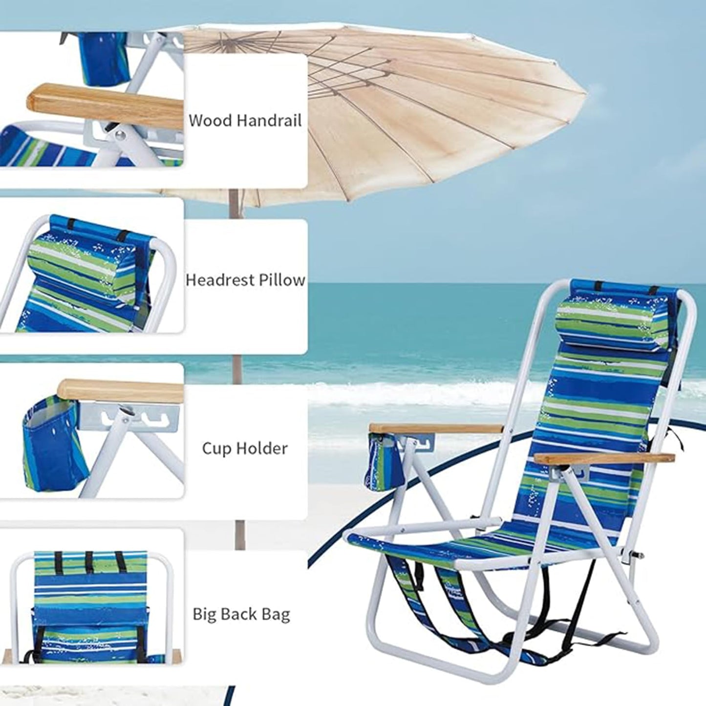 Folding Beach Chair Set for Adults,4 Position Portable Backpack Foldable Camping Chair with Headrest Cup Holder and Wooden Armrests,Adjustable high Beach Lounge Chairs for Outdoor (1PCSStripes)