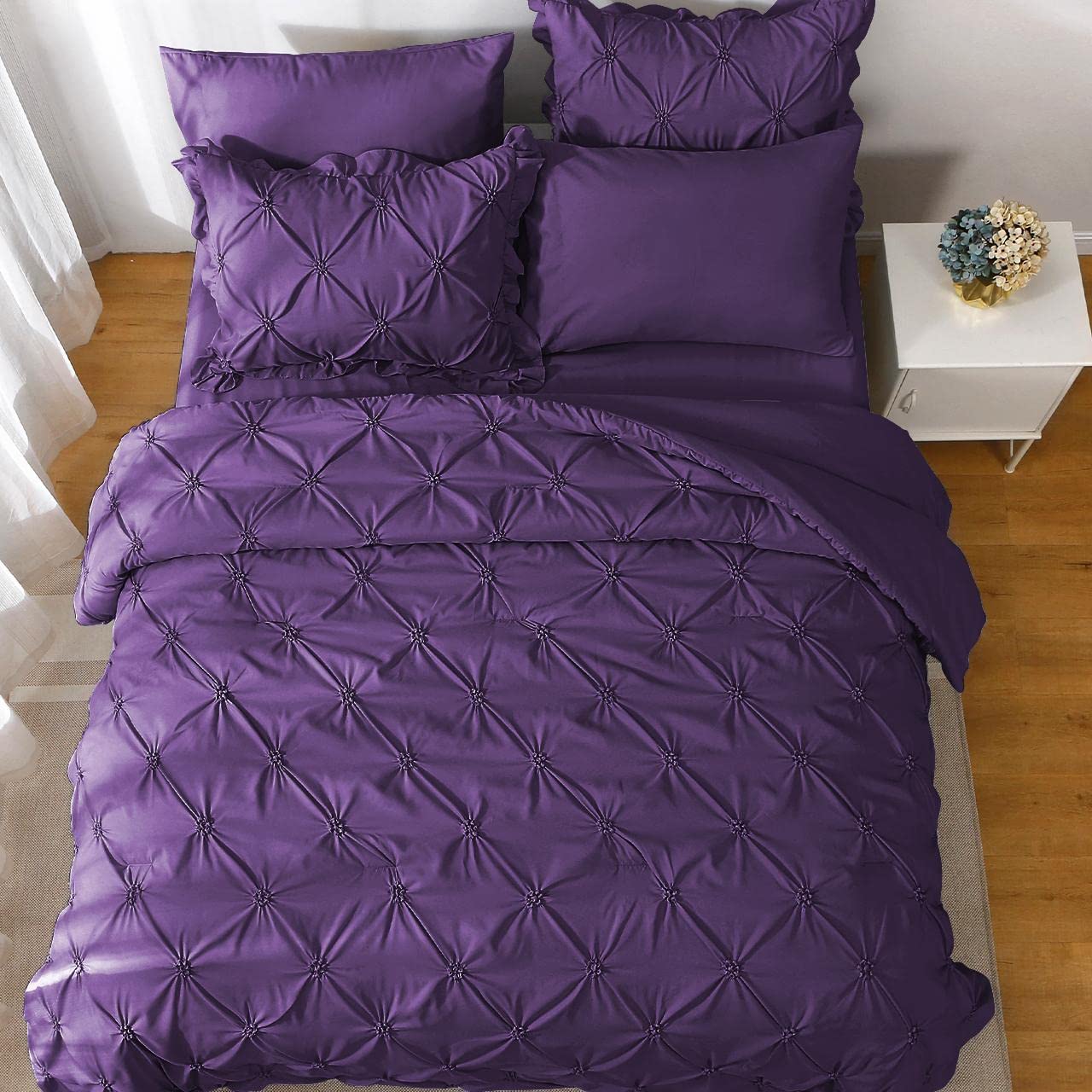 JOLLYVOGUE Purple Twin Size Comforter Sets 5 Pieces, Pintuck Bed in a Bag Comforter Set for Bedroom, Bedding Comforter Sets with Comforter, Sheets,Ruffled Shams & Pillowcases