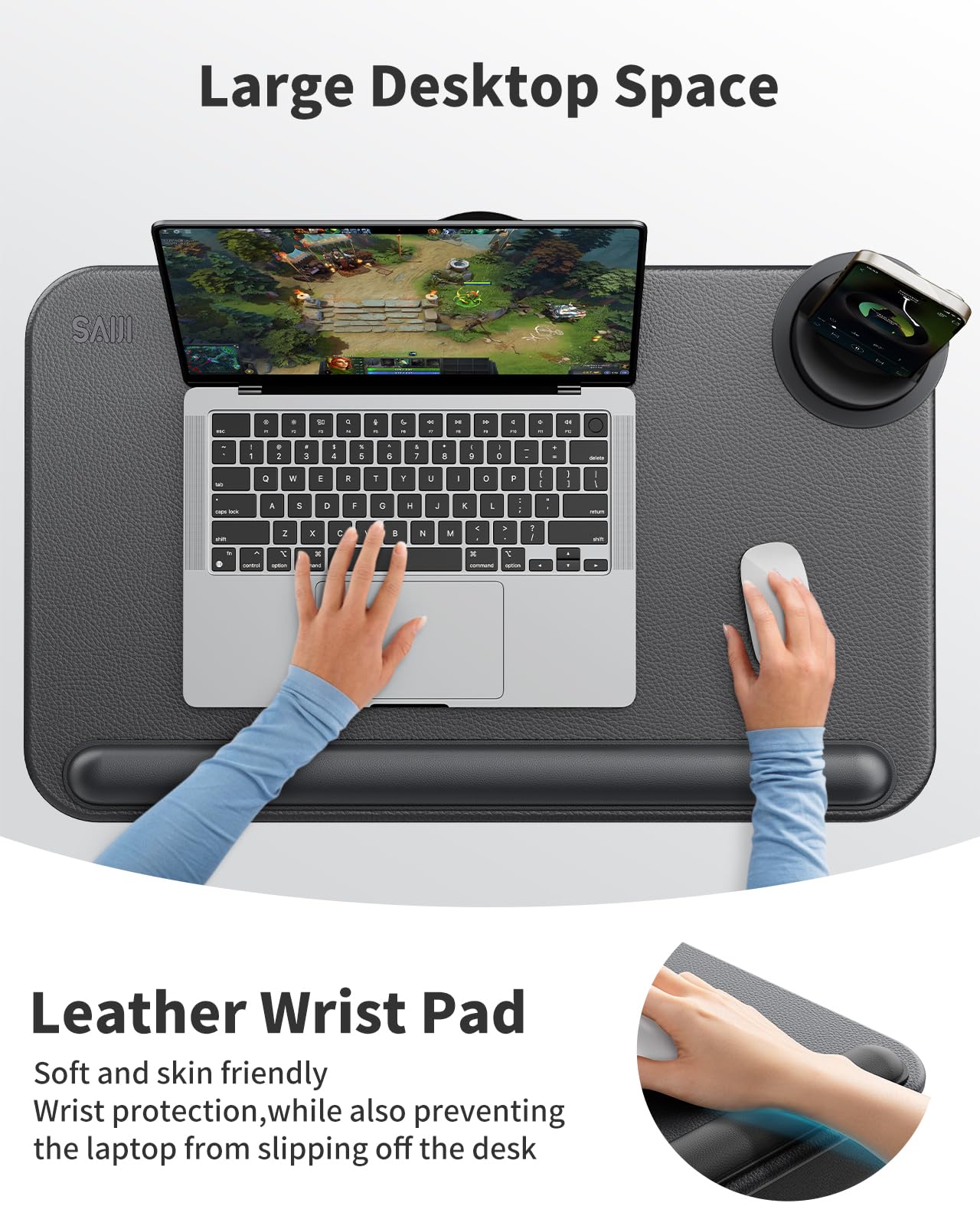 SAIJI Laptop Lap Desk - Fits Up to 17" Laptops, Lightweight Lap Tray Table Stand with Soft Leather Wrist Pad, External Monitor Holder, Lap Desk with Cushion for Home Office Working/Gaming On Couch