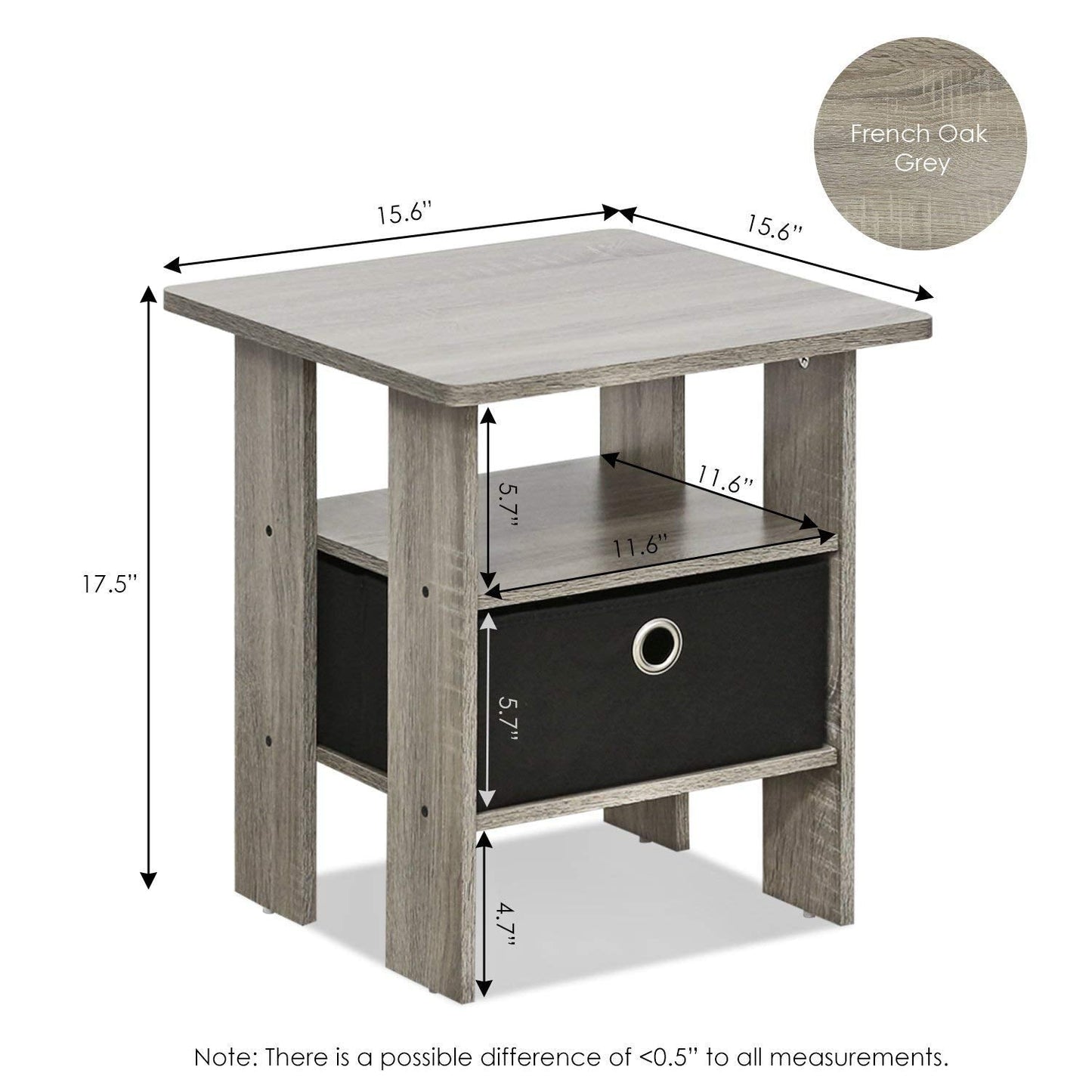 Furinno Andrey Set of 2 End Table / Side Table / Night Stand / Bedside Table with Bin Drawer, French Oak Grey