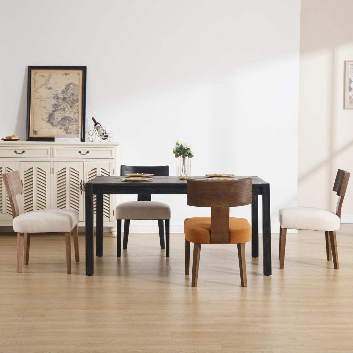 Janoray Farmhouse Dining Chairs Set of 6, Upholstered Dark Brown Wooden Chairs with T-Shape Back, Armless Kitchen Chairs Comfy Accent Chairs, Velvet Orange