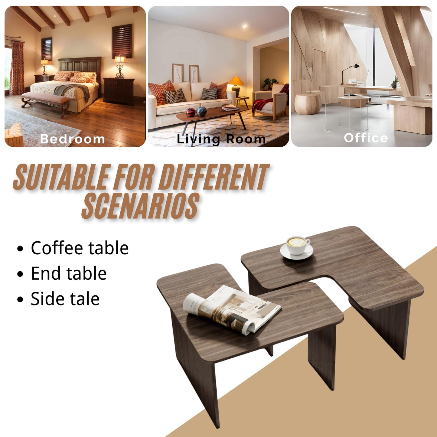 Modern Nesting Coffee Table Set of 2, Walnut Wooden L-Shape Square Coffee Table for Living Room, Small Center Table End Table Sets with Rustic Wood Grain for Bedroom Office Cafe