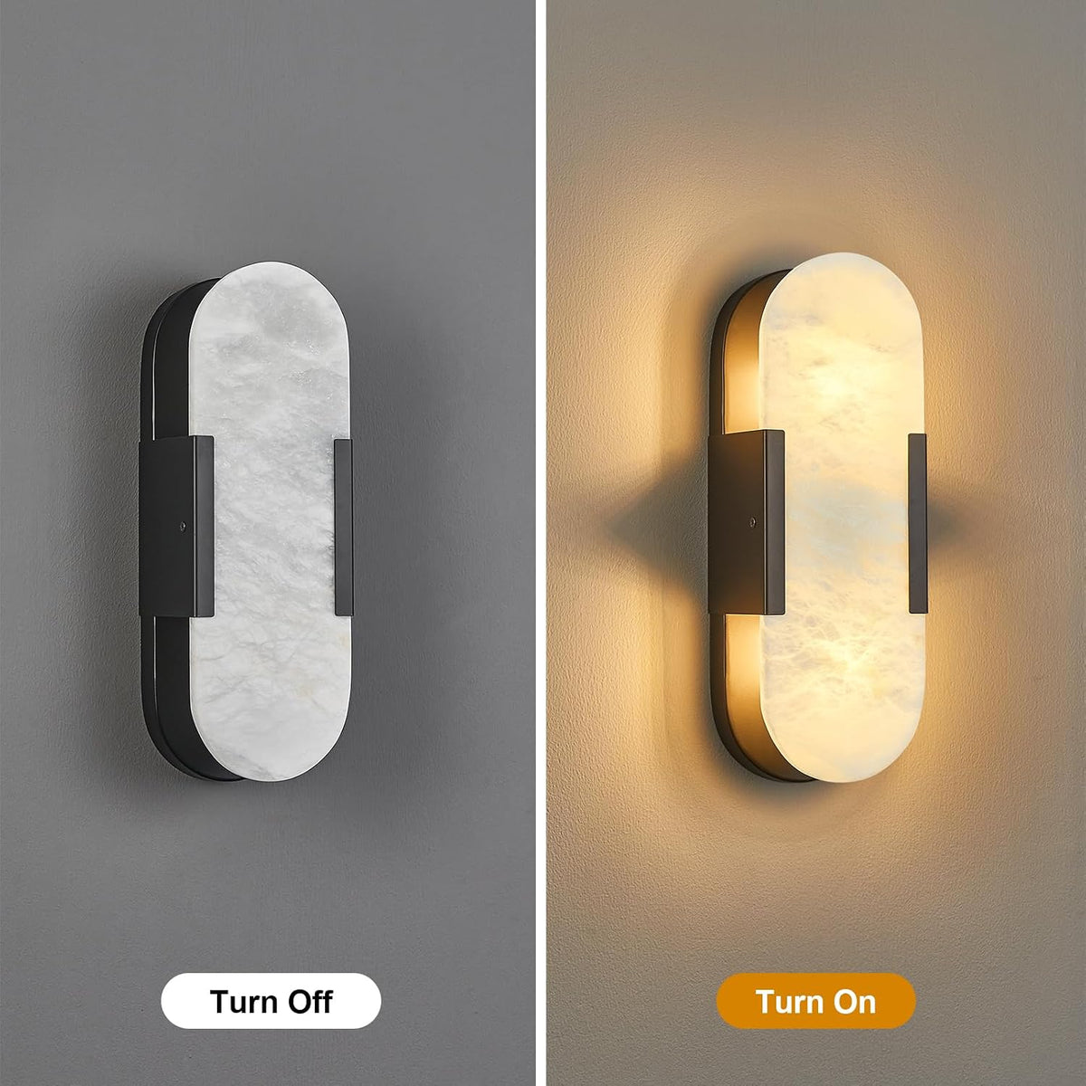 Natural Alabaster Wall Sconces Set of Two, Modern Marble Black Wall Sconce 14 inch Indoor Wall Lighting for Bedroom Bathroom Living Room Stairs